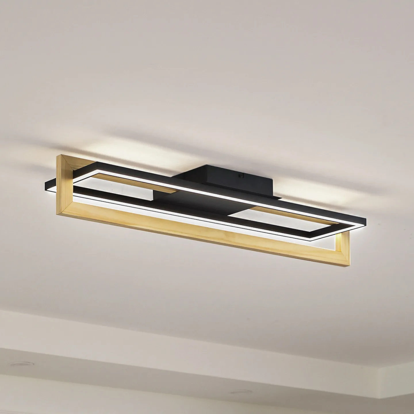 Holamu LED Deckenleuchte L86 Schwarz/Holz - Lindby - Wohnzimmer - Modern - Aluminium - Eckig