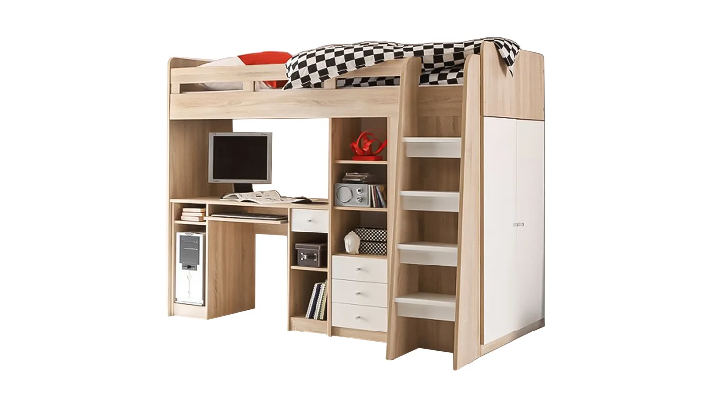 Hochbett mit Schreibtisch 90 x 200 cm Eiche - weiß Kinderbett - UNIT