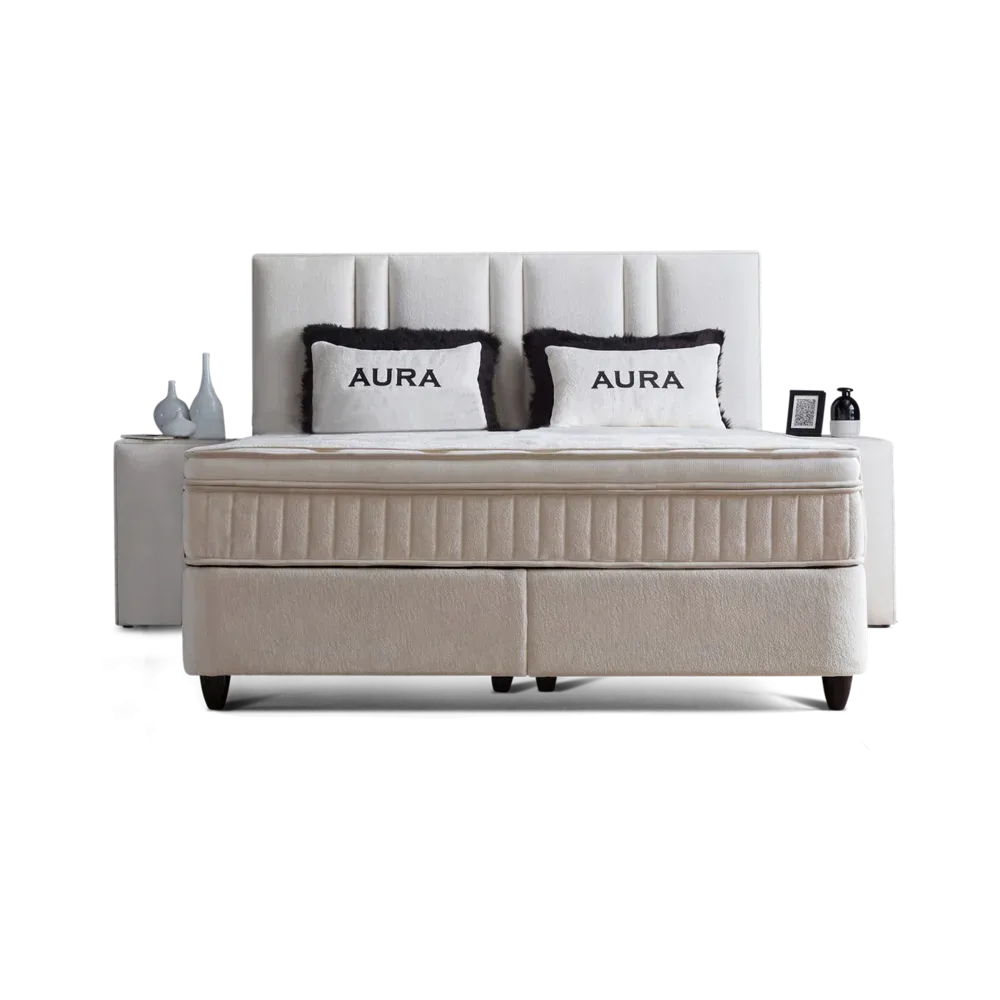 Premium Boxspringbett 90×200 komplett mit Matratze, Topper & Bettkasten, Bouclé Weiss, AURA