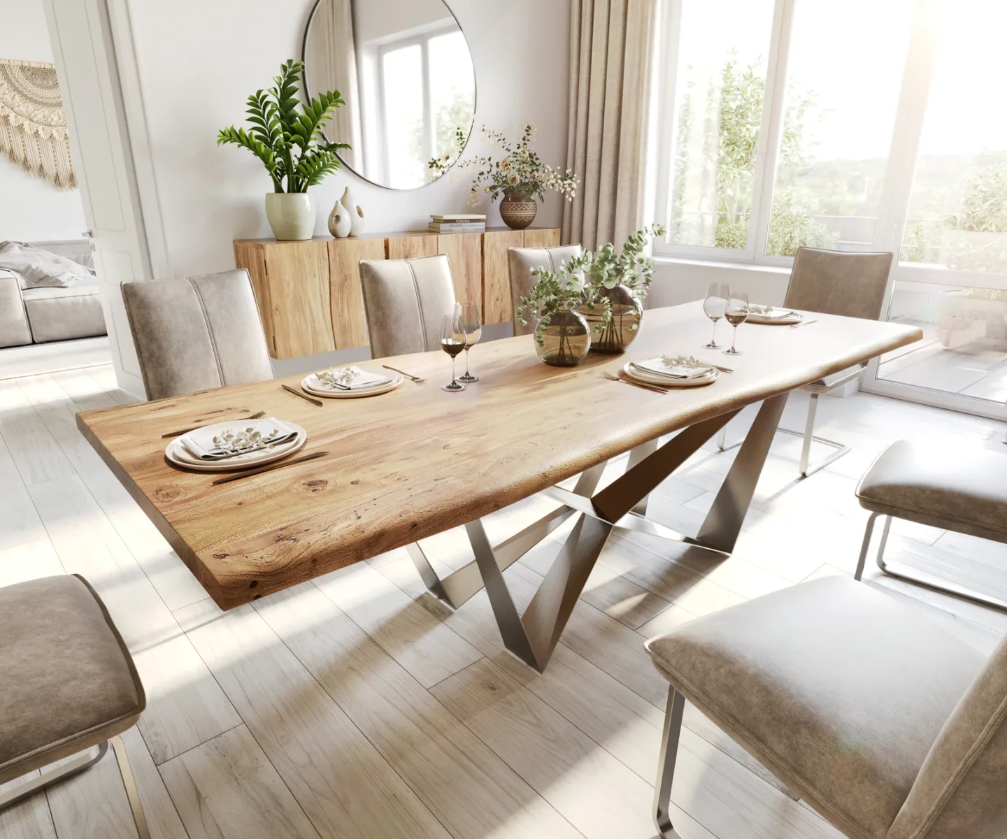 Esstisch Edge 260x100 Akazie Natur Spider Flachstahl Edelstahl Live-Edge