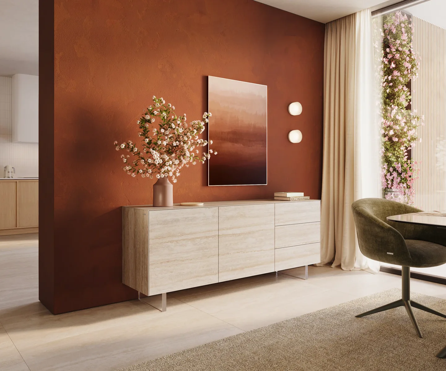 Sideboard Cuor 180 cm Keramik Laminam® Travertino Bianco Creme-Weiß 2 Türen 3 Schubfächer Fuß Schwebeoptik Acrylglas