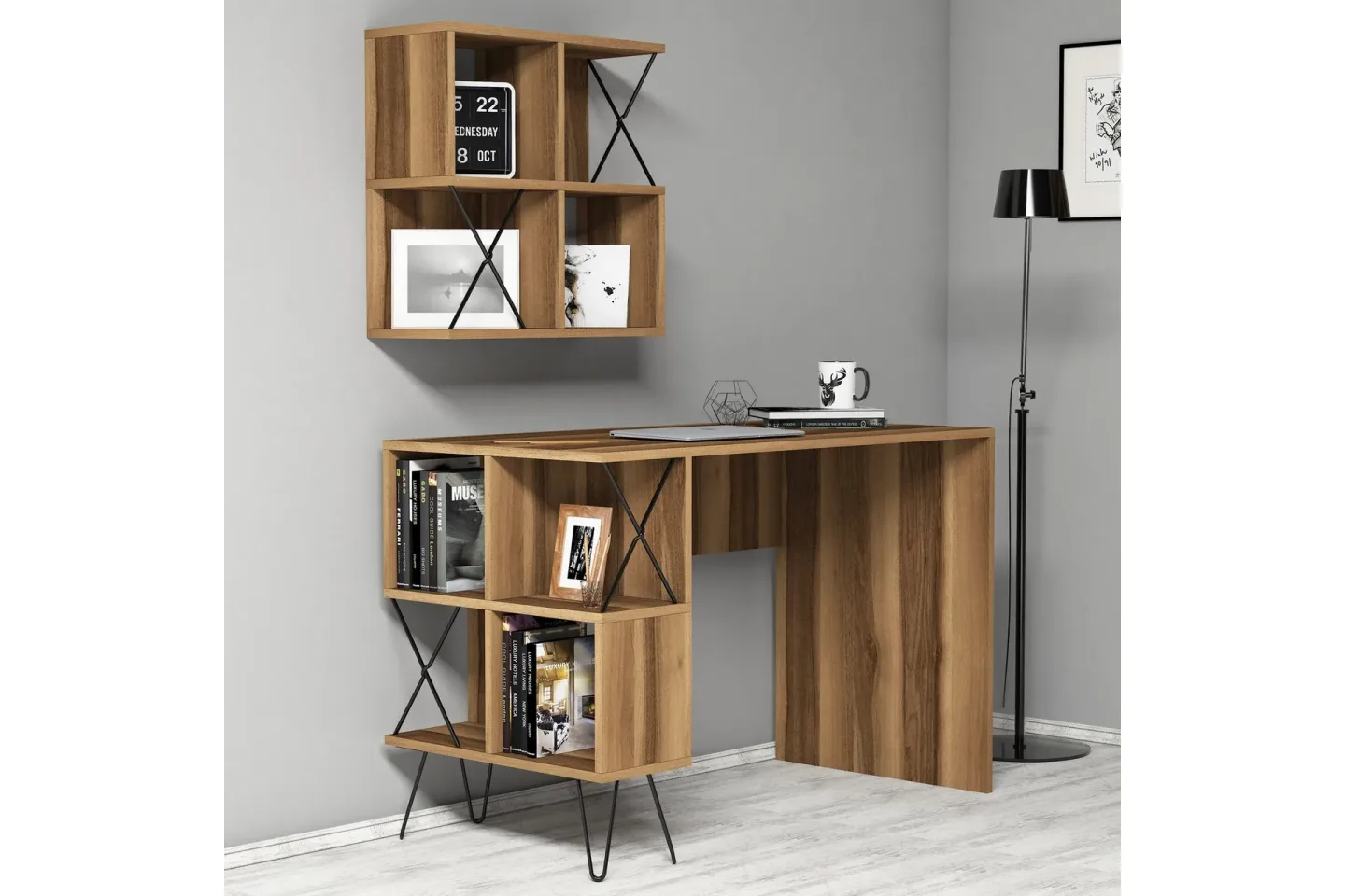 Hovdane Skrivbord 120 cm med Förvaring Hylla + Bokhylla Lite - Brun/Svart