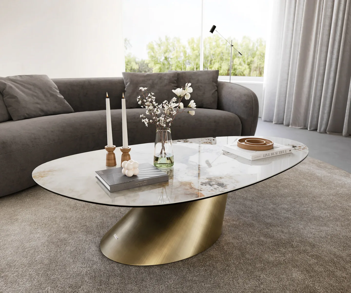 Couchtisch Edge Oval 140x75 cm Keramik Minas Melange Conis Metallic Gold