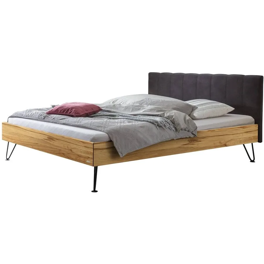 Hasena Bett Magni Schwarz, Natur Buche, Stoff, Metall Massivholz 160 x 200 cm