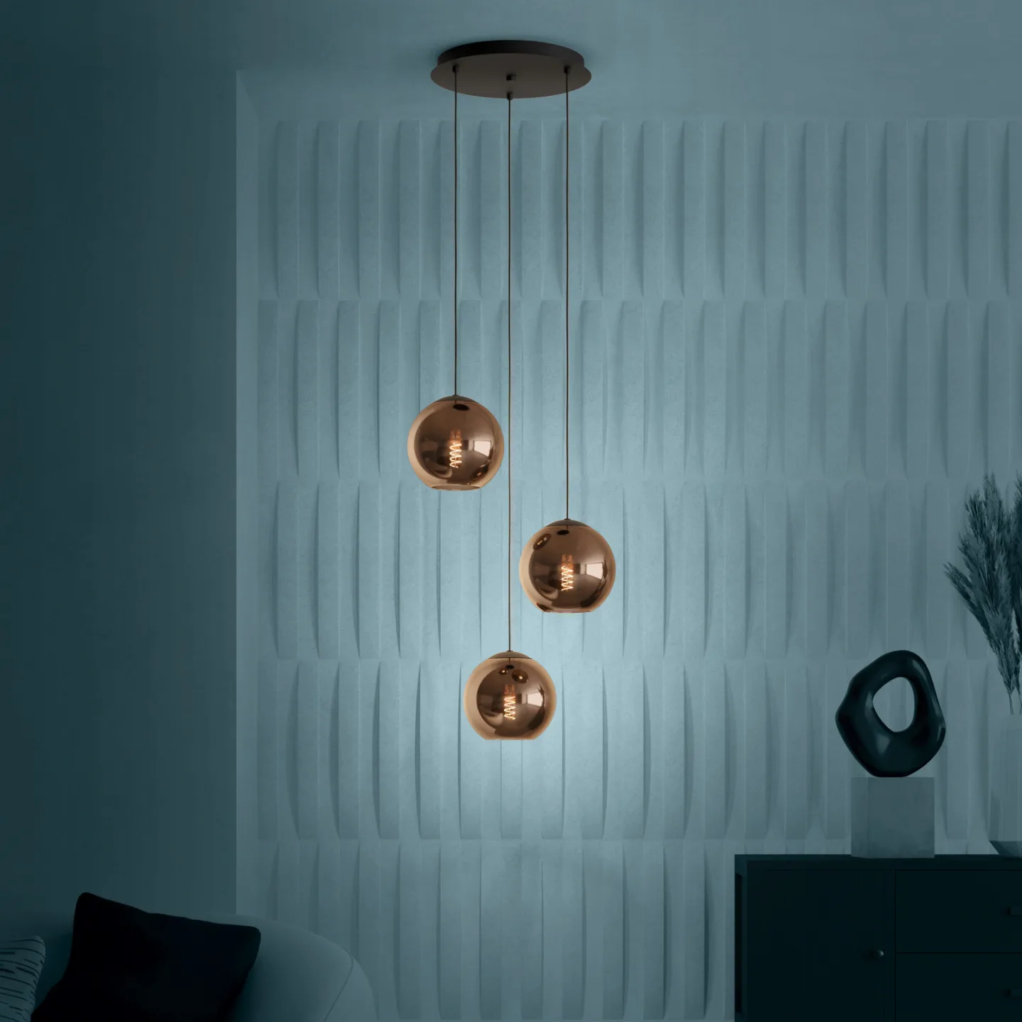 Cordoba hængelampe med 3 lyskilder i rund form i kobber - EGLO Stars of Light - Stue - Moderne - Glas - Med flere lyskilder