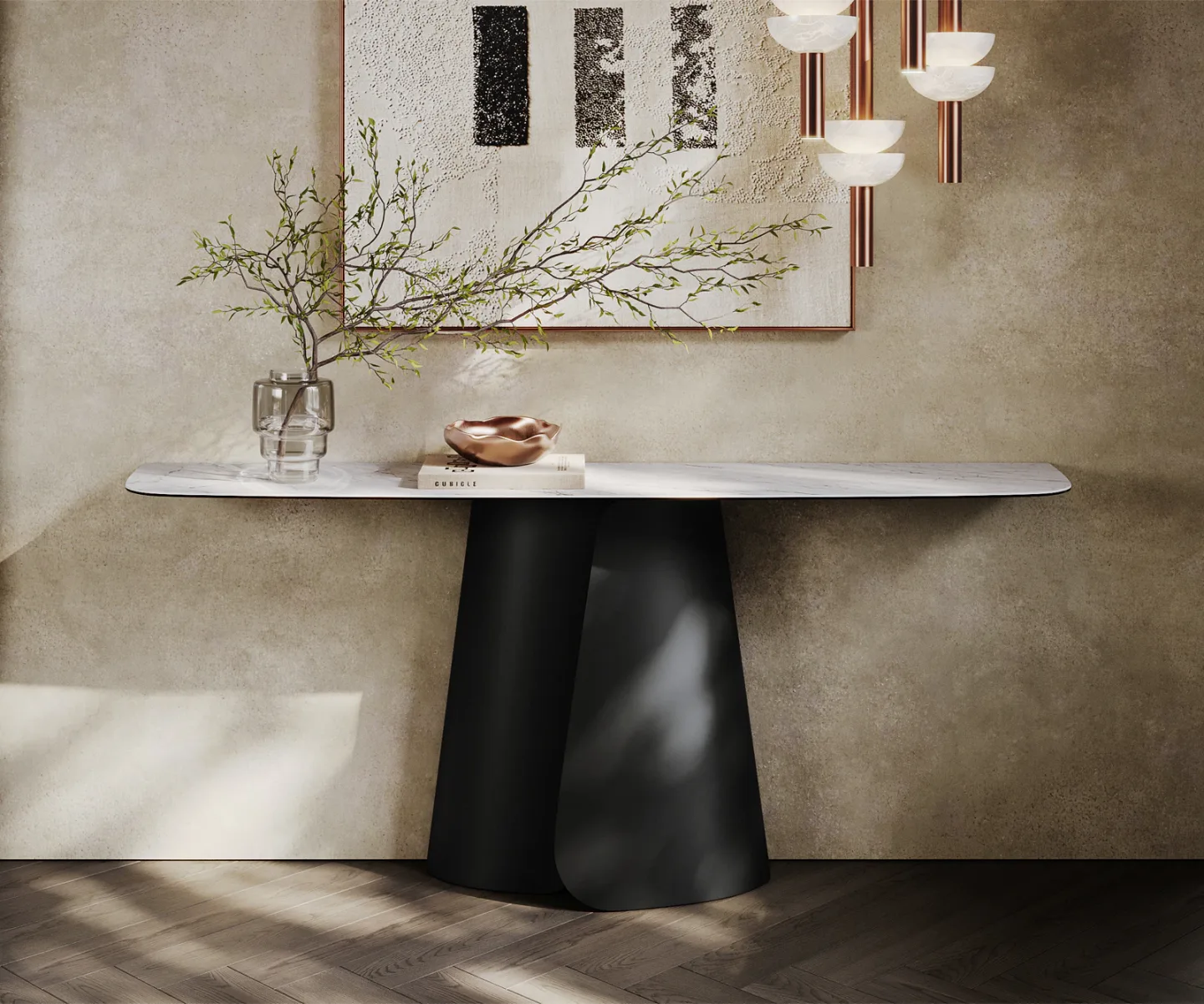 Konsolentisch Edge Boot 180x40 cm Keramik Laminam® Statuarietto Weiß Livos Metall Schwarz