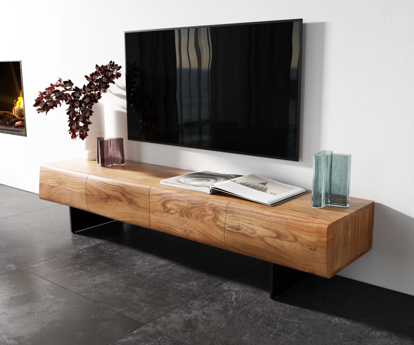 Lowboard New Live-Edge 175 cm Akazie Natur 4 Türen Fuß schwebend Metall Schwarz