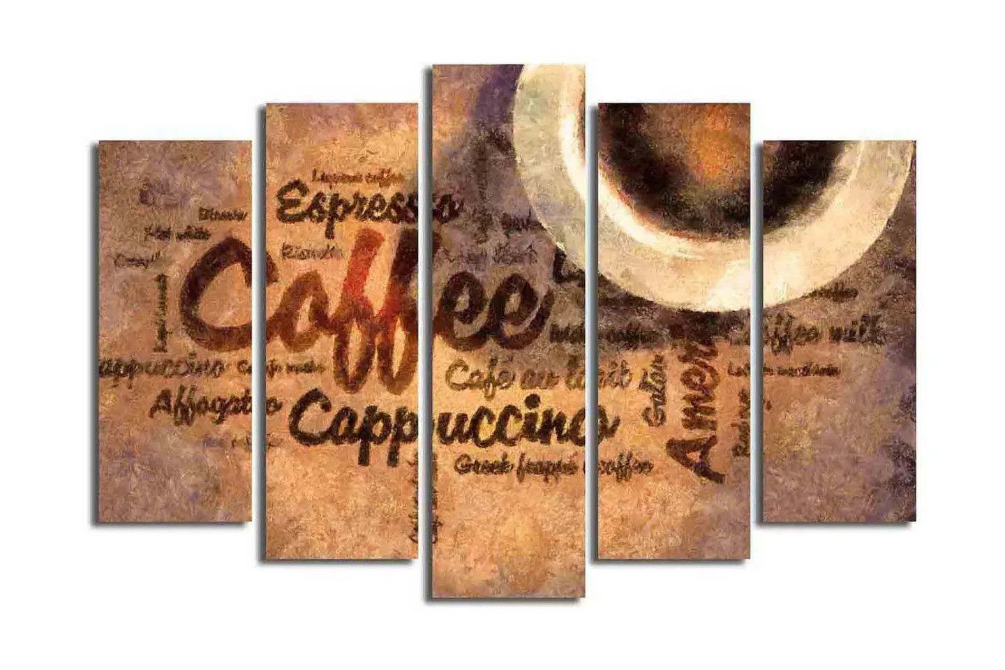 Stor Canvastavla i 5 delar 105x70 cm - Kaffeinspirerat konstverk med text och kaffekoppar - Brun / Beige / Svart