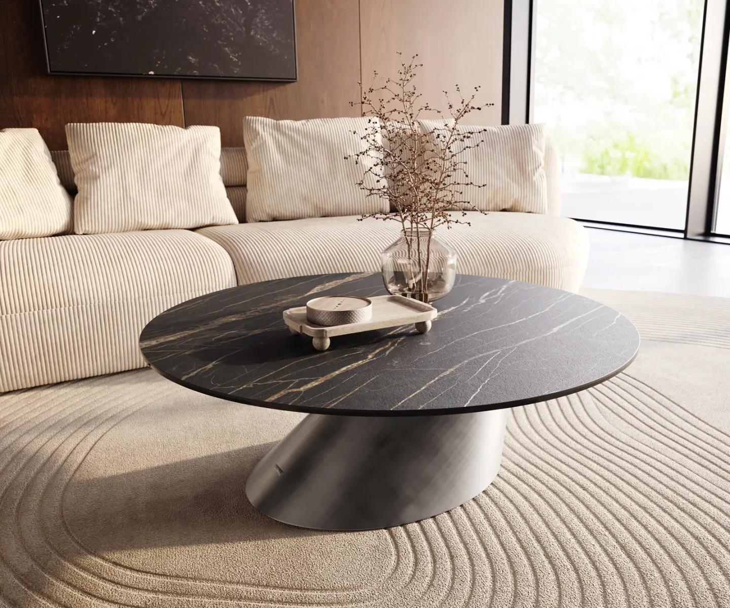 Couchtisch Edge Rund 100x100 cm Keramik Laminam® Noir Desir Braun Conis Metallic Silber