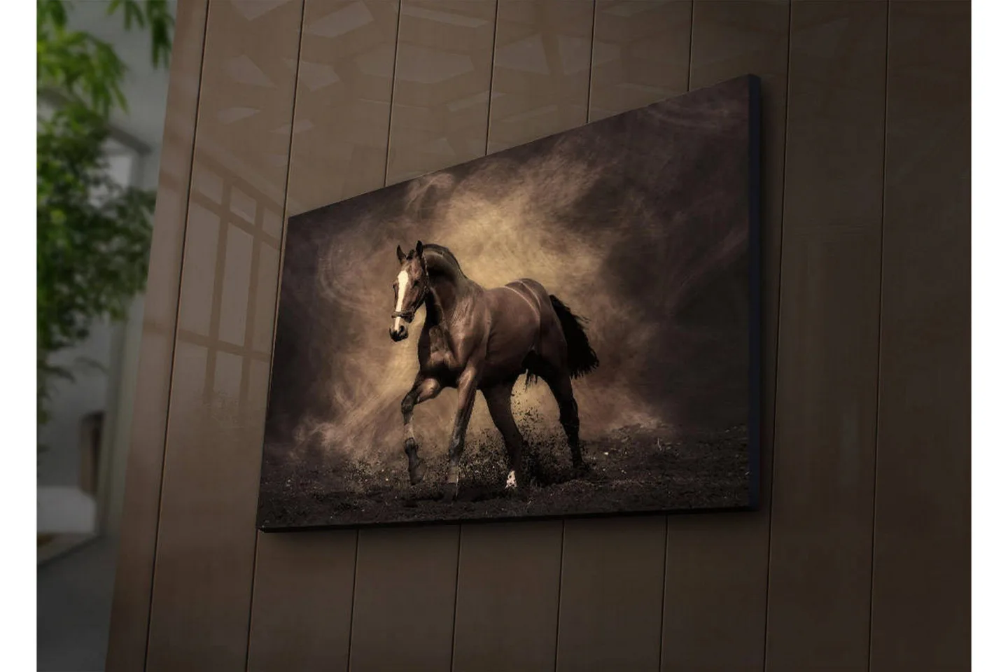 Canvastavla med LED-belysning 45x70 cm - Stolt häst i rörelse - Mörkbrun / Beige / Svart