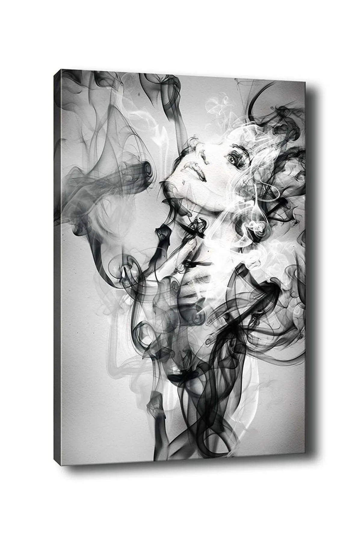 Canvastavla 70x100 cm - Kvinna som framträder ur svävande rökformationer - Svart / Grå / Vit