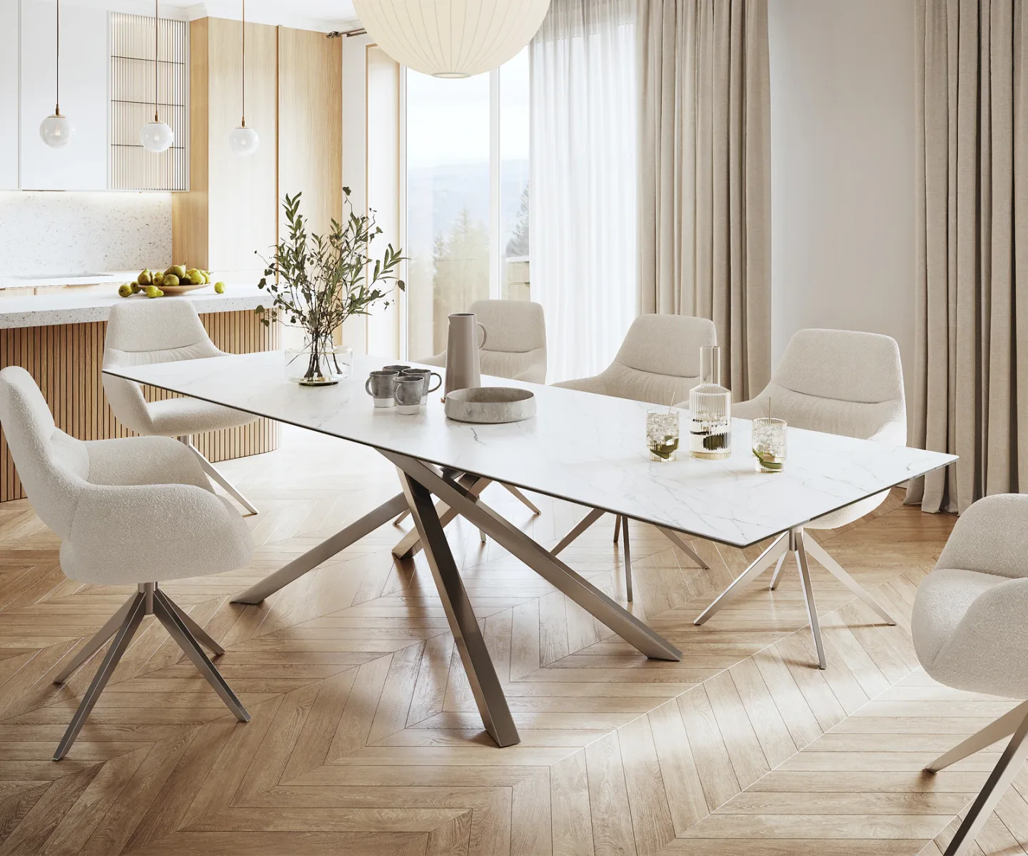 Esstisch Edge 300x100cm Keramik Laminam®Statuarietto Weiß Kreuzgestell Rechteck Edelstahl