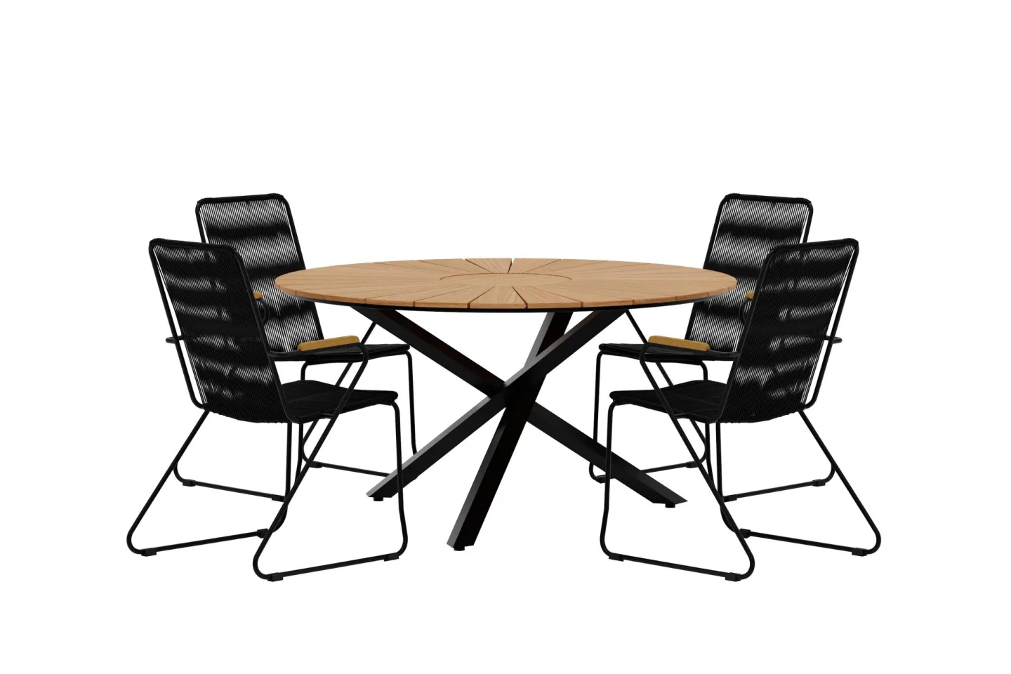 Mexico Gartenset Tisch Ø140 cm Natur 4 Stühle schwarz.