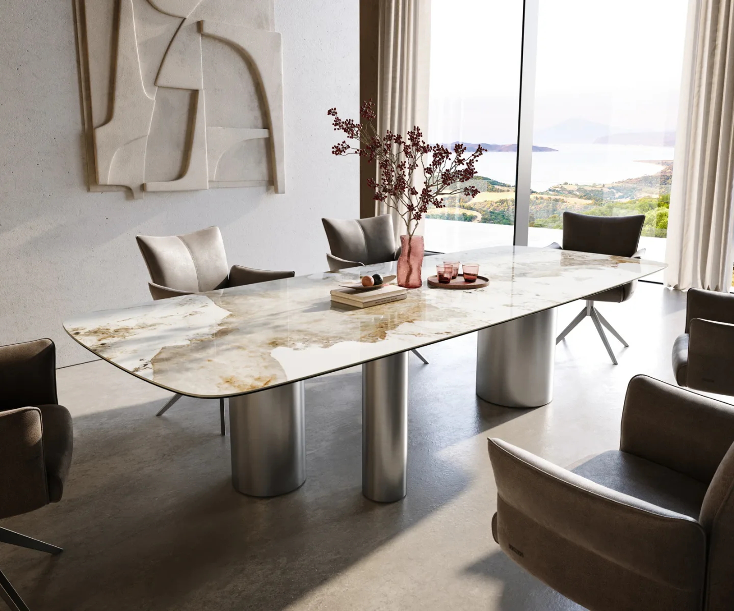 Esstisch Edge Boot 300x120 cm Keramik Minas Melange Weiß-Beige Troa Edelstahl gebürstet