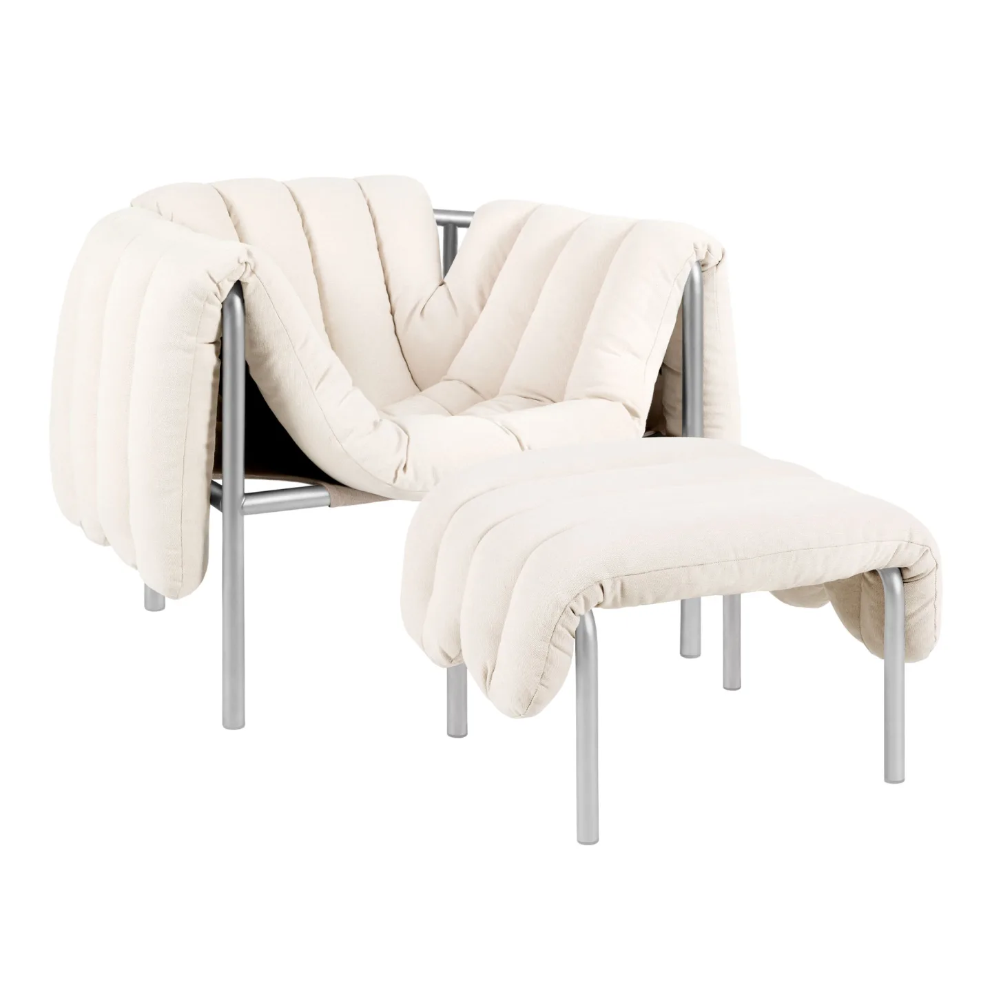 HEM - Puffy Lounge Chair + Ottoman - Natural/Stainless - Fåtöljer - Faye Toogood - Silver,Beige - Bomull/Naturmaterial/Metall/Skum/Plast