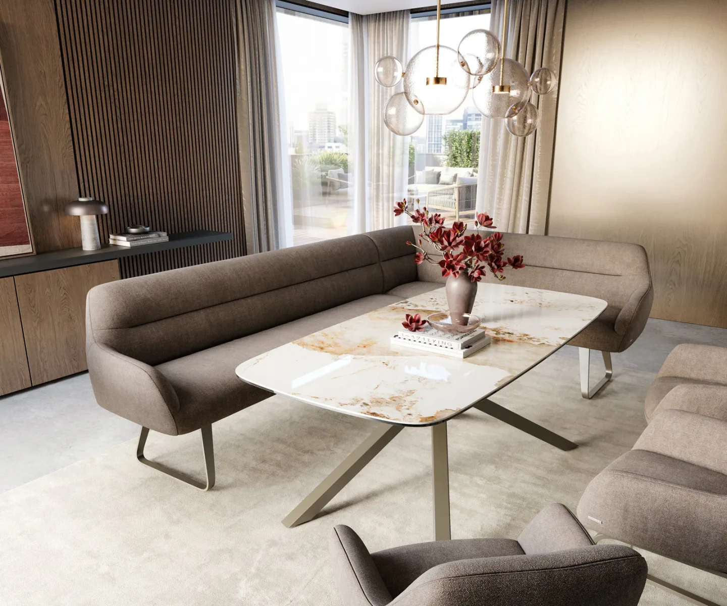 Esszimmerbank Taya-Flex 285x190 cm Strukturstoff Soft Taupe Kufengestell flach Effektfinish Titan Taschenfederkern Rechts