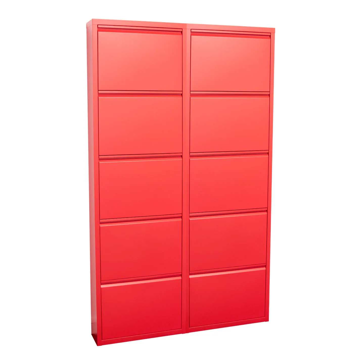 Pisa Schuhschrank mit 10 Klappen/Türen in Metall rot. Fertig montiert geliefert.