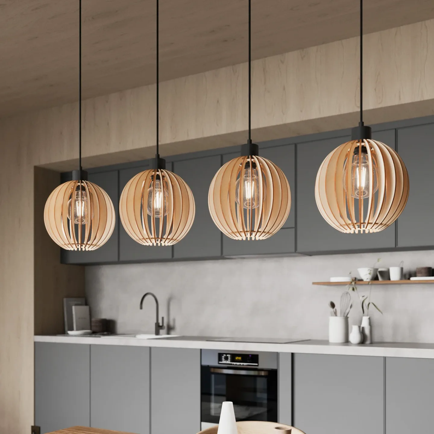 Clay 4 Pendelleuchte Black/Wood - Envostar - Flurbereich - Skandinavisch - Holz - Mehrflammig