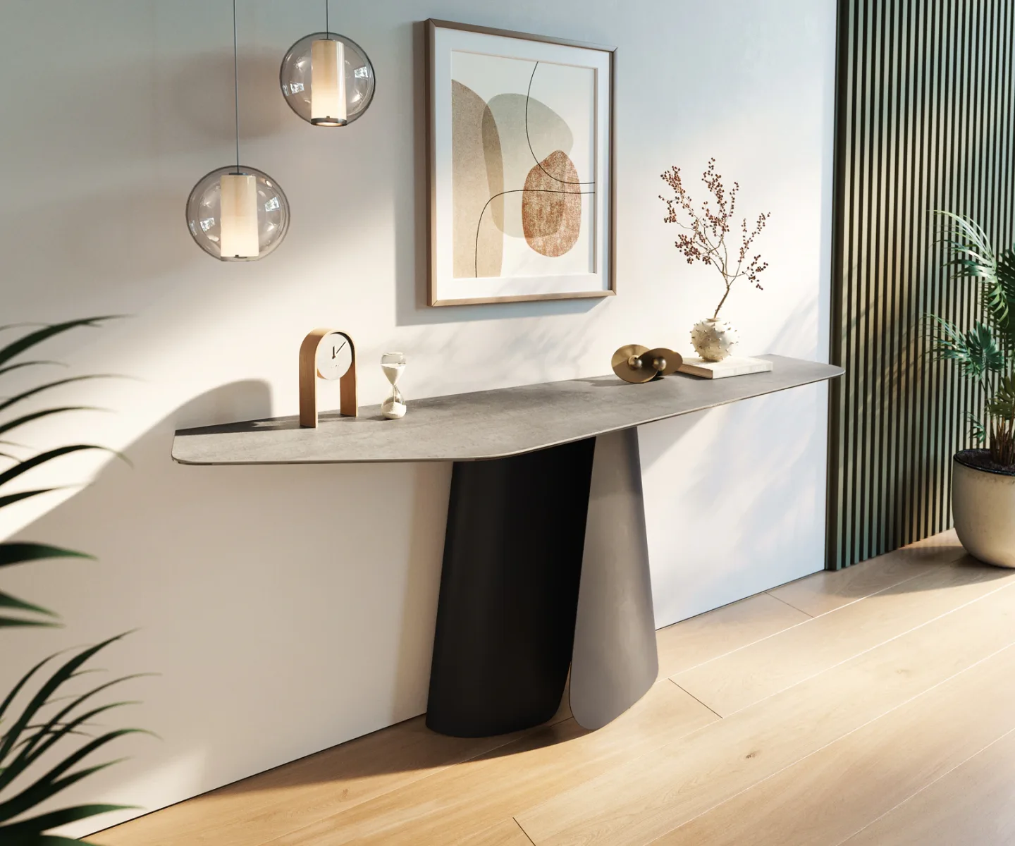 Konsolentisch Edge Polygonal 180x50 cm Keramik Beton Grau Livos Metall Schwarz