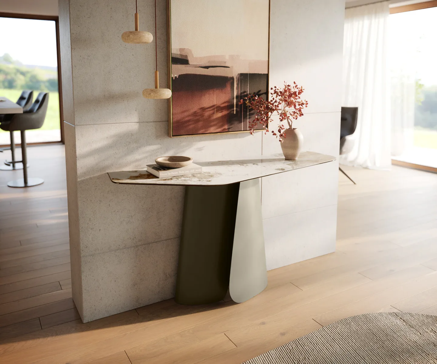 Konsolentisch Edge Polygonal 140x50 cm Keramik Minas Melange Weiß-Beige Livos Metall Effektfinish Titan