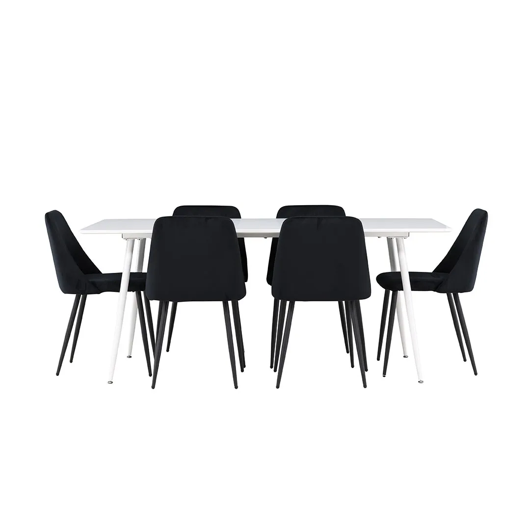 Silar Essgruppe Tisch 90x180cm und 6 Velours Stühle weiß.