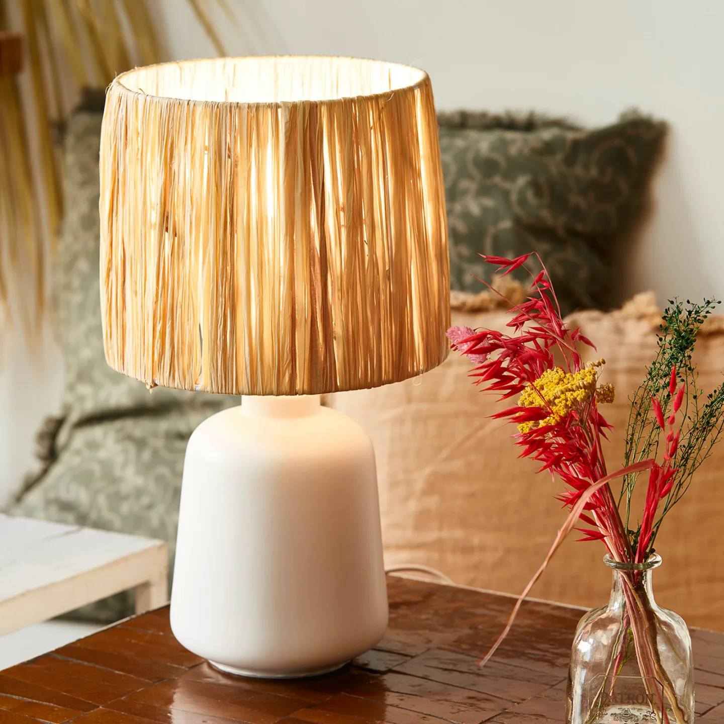 Paros Tischleuchte weiß/natur Höhe 34 cm - Corep SAS - Wohnzimmer - Keramik - Mit Schirm