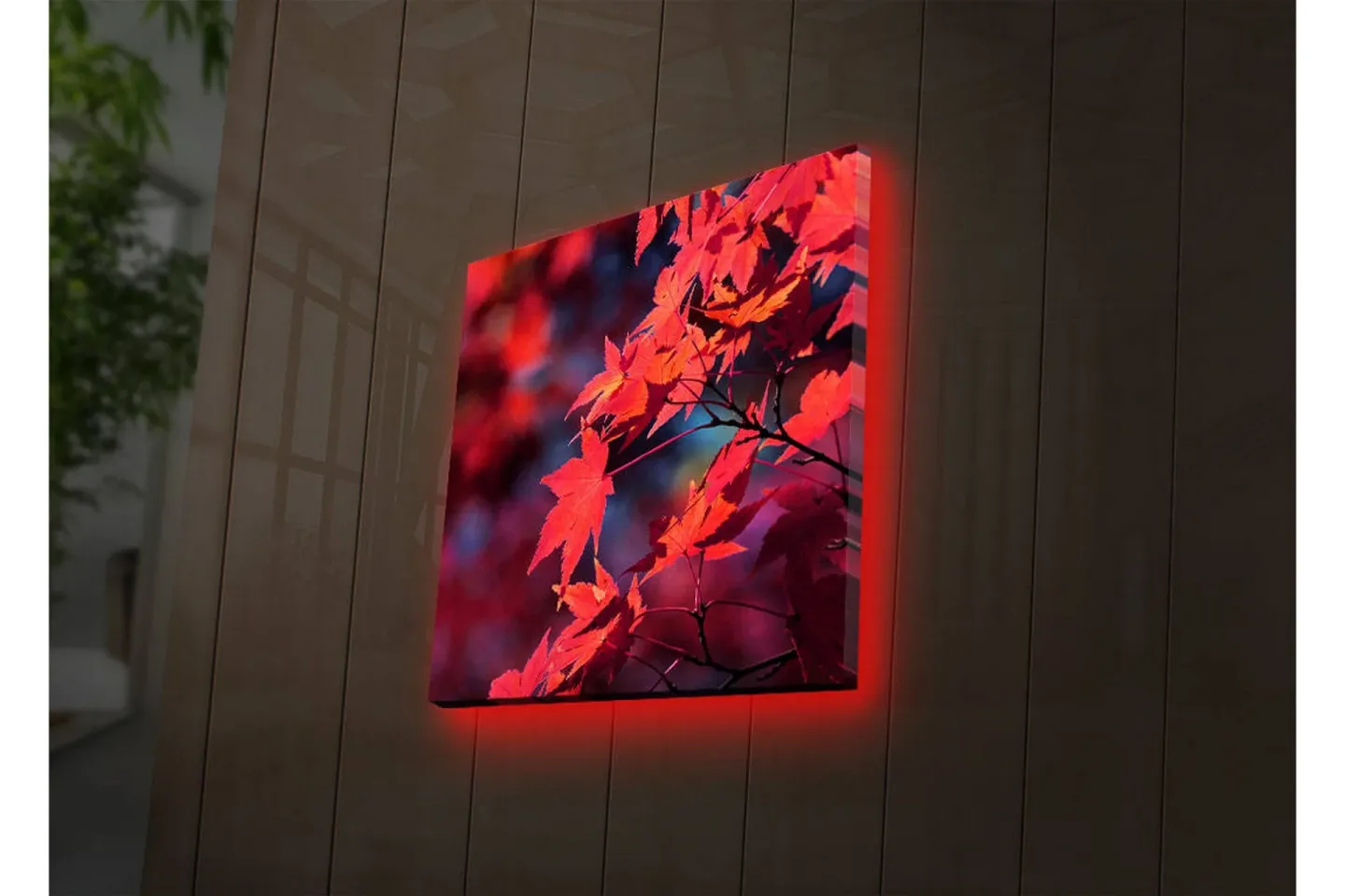 Canvastavla med LED-belysning 28x28 cm - Klar röd lönnlöv i höstfärger - Röd / Orange / Mörkblå