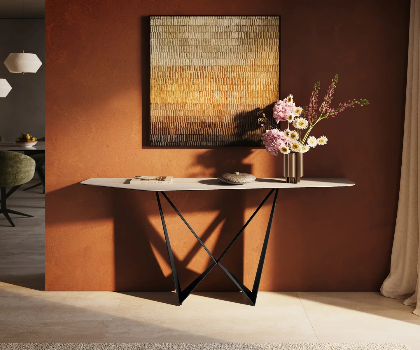 Konsolentisch Edge Polygonal 180x50 cm Keramik Laminam® Travertino Bianco Creme-Weiß Spios Metall Schwarz