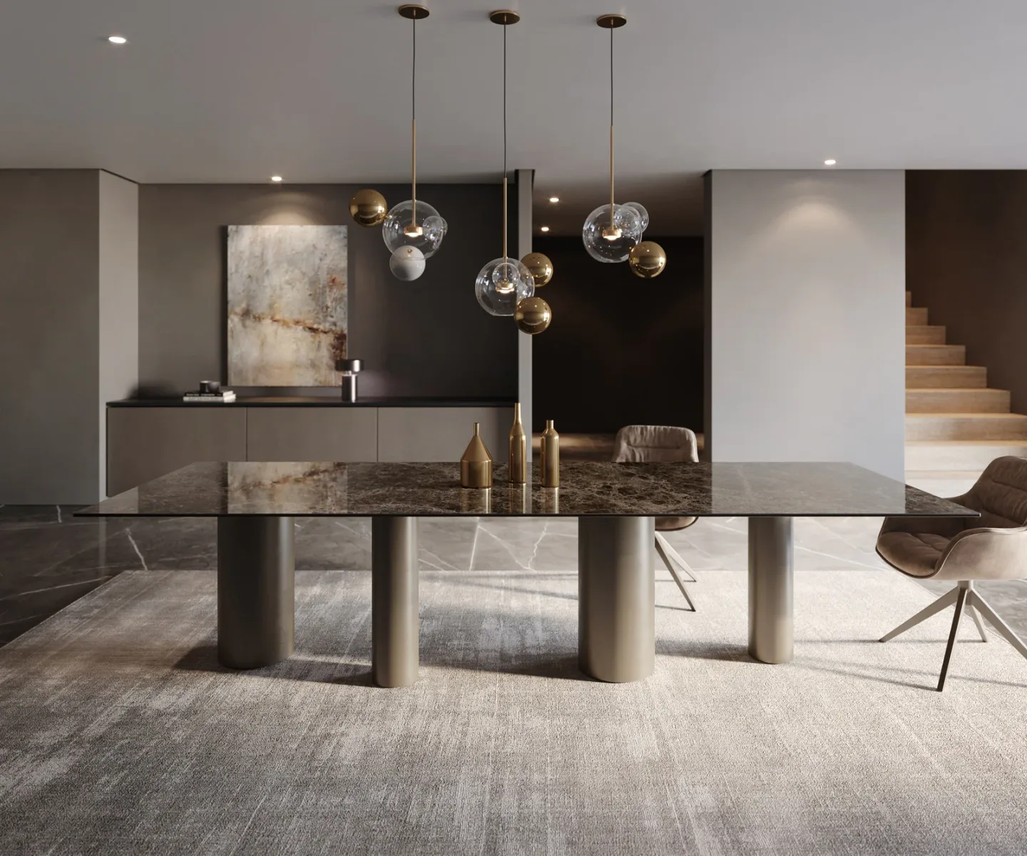 Esstisch Edge 300x100 Keramik Emperador Extra Lucidato Dunkelbraun Pilier Metall Effektfinish Titan