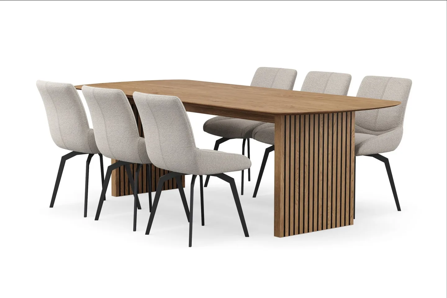 Richeto Matgrupp 240 cm med 6 Mora Snurrstolar - Naturlig finish/Mörkbeige