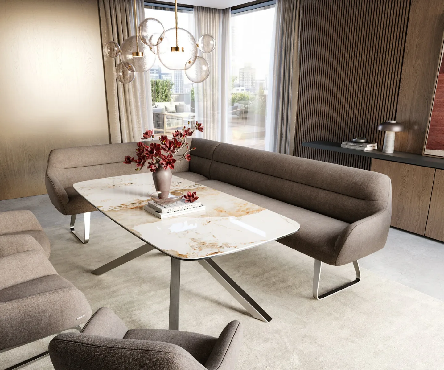 Esszimmerbank Taya-Flex 285x190 cm Strukturstoff Soft Taupe Kufengestell flach Edelstahl Taschenfederkern Links
