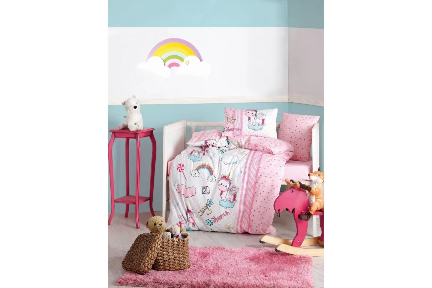 Lasten pussilakanasetti Delfiinimuumi 120x160+40x60 cm - Rosa/Vit/Turkos
