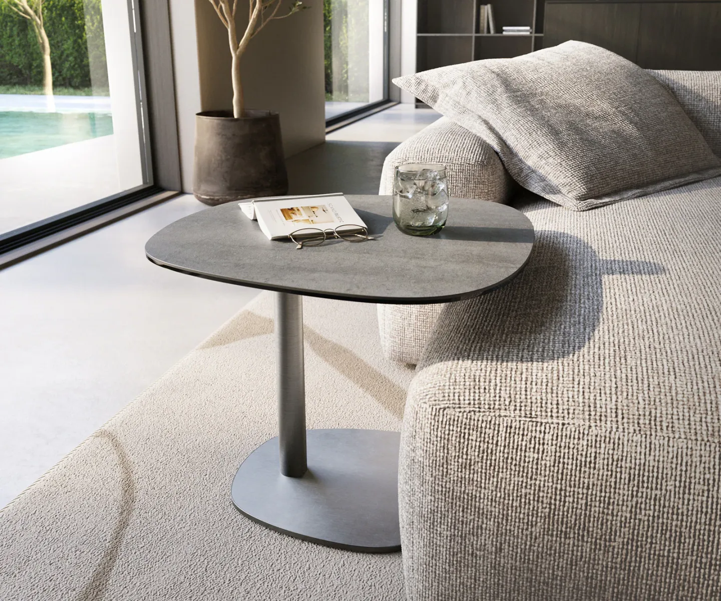 Beistelltisch Edge Boot 60x60 cm Keramik Beton Grau Eleny Edelstahl gebürstet