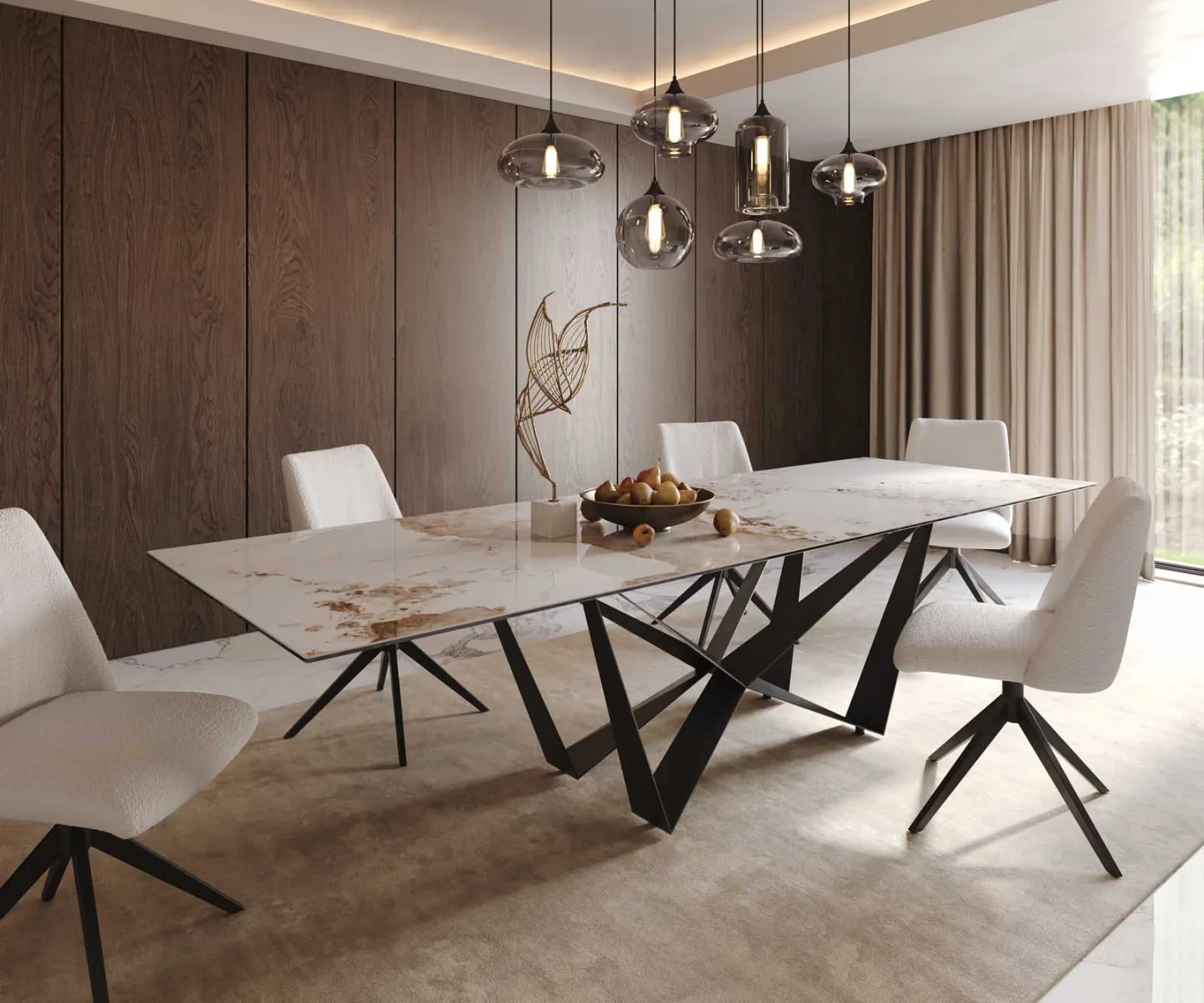 Esstisch Edge 300x100 Keramik Minas Melange Weiß-Beige Spider Flachstahl Schwarz