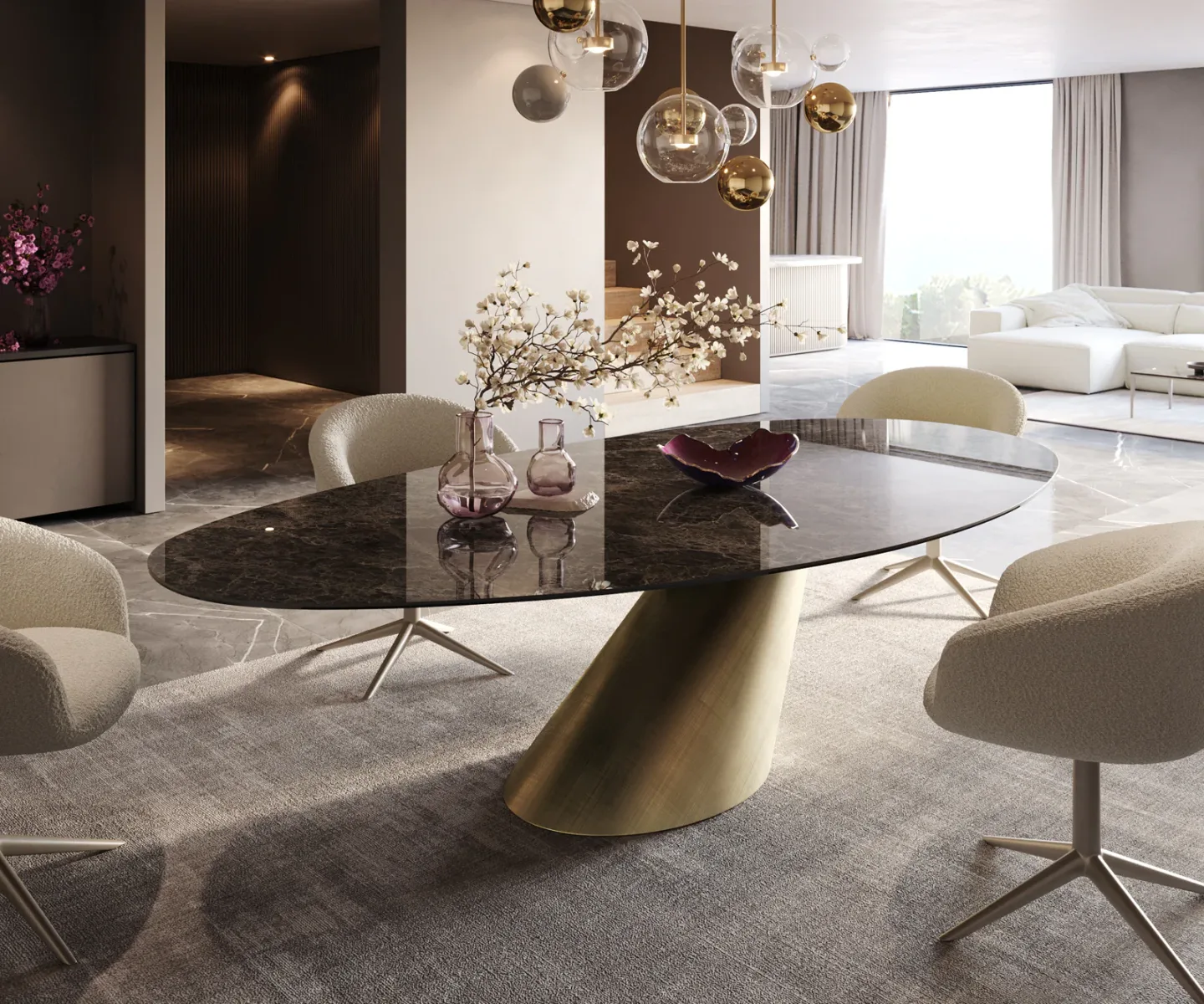 Esstisch Edge Oval 280x130 Keramik Emperador Extra Lucidato Dunkelbraun Cono Metallic Gold