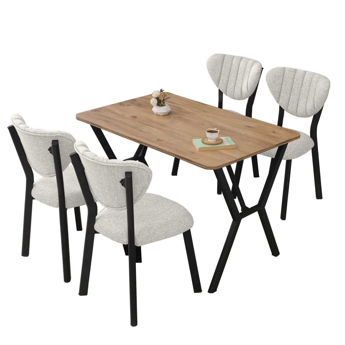 Krylor Matgrupp Bord 110 cm + 4 Stolar - Kräm Och Valnöt