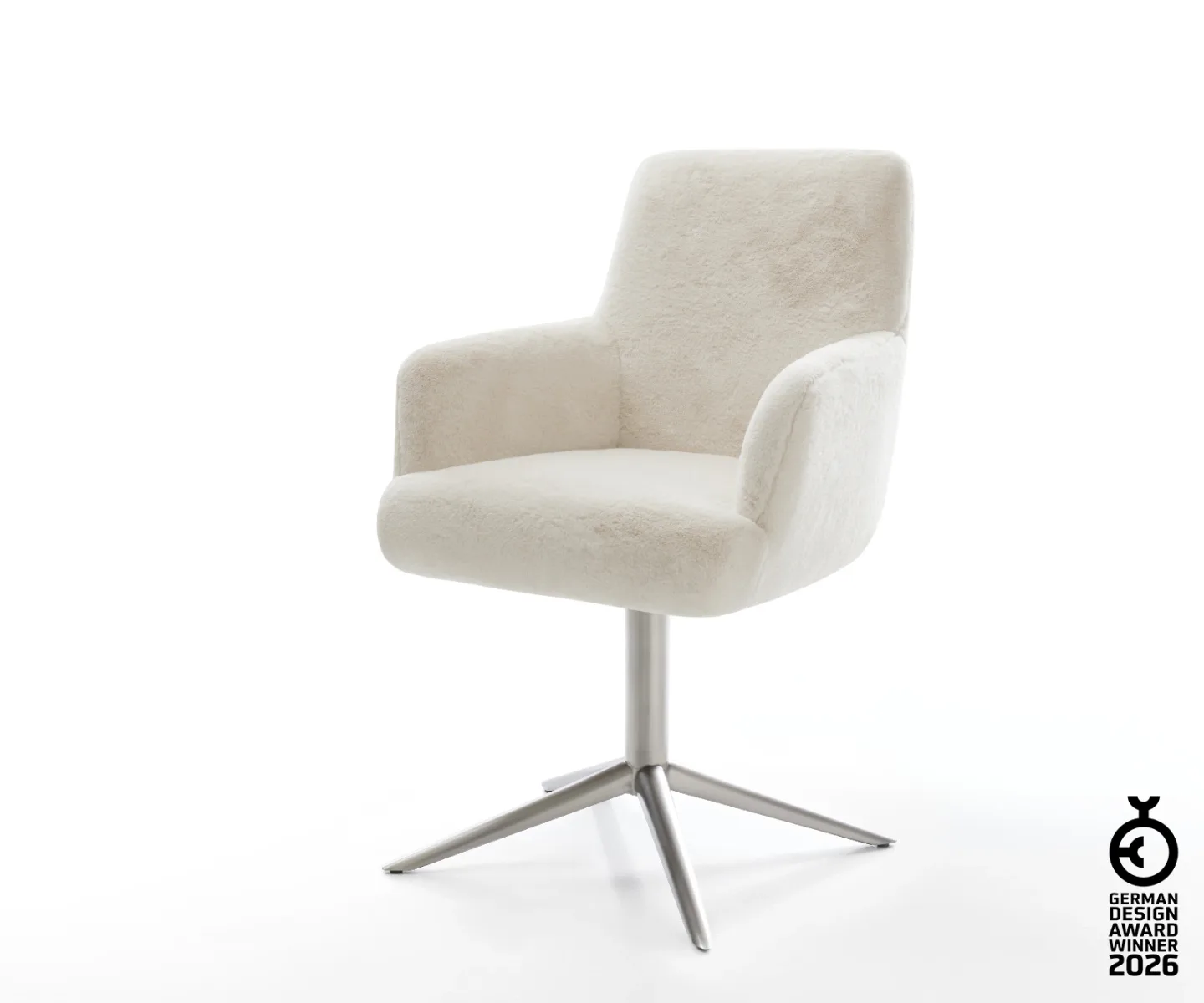 Drehstuhl Heira-Flex mit Armlehnen Plüsch Creme-Weiß Fußkreuz Edelstahl 360° drehbar Wippfunktion Taschenfederkern