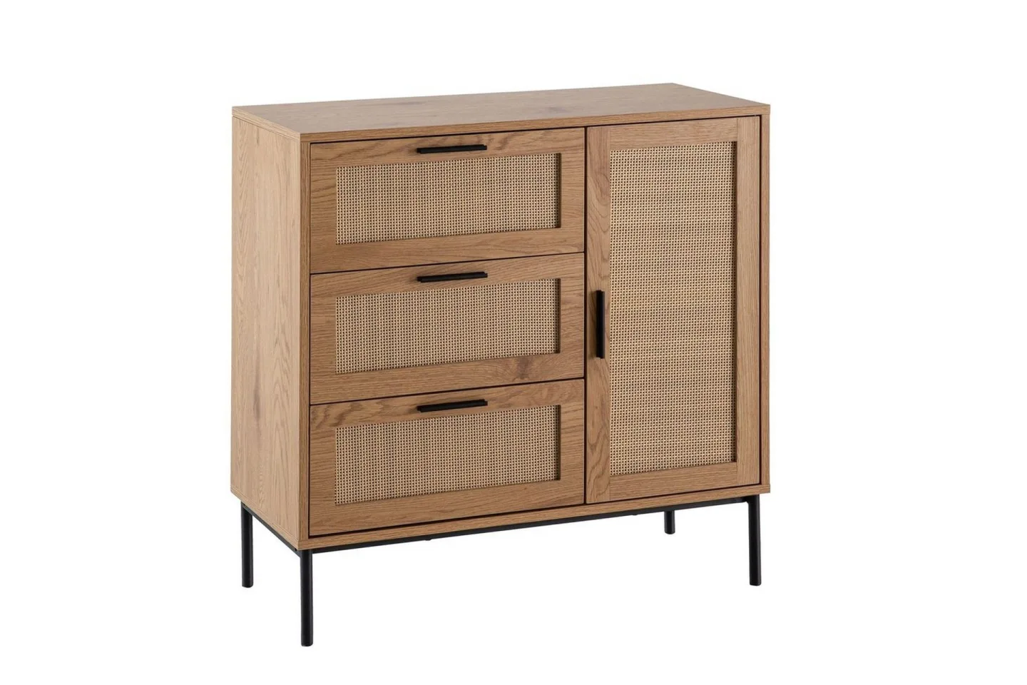 Sideboard Wohnling Melaminbelagd MDF-ekoptik, 3 lådor, 1 dörr med rottingfront Modern -