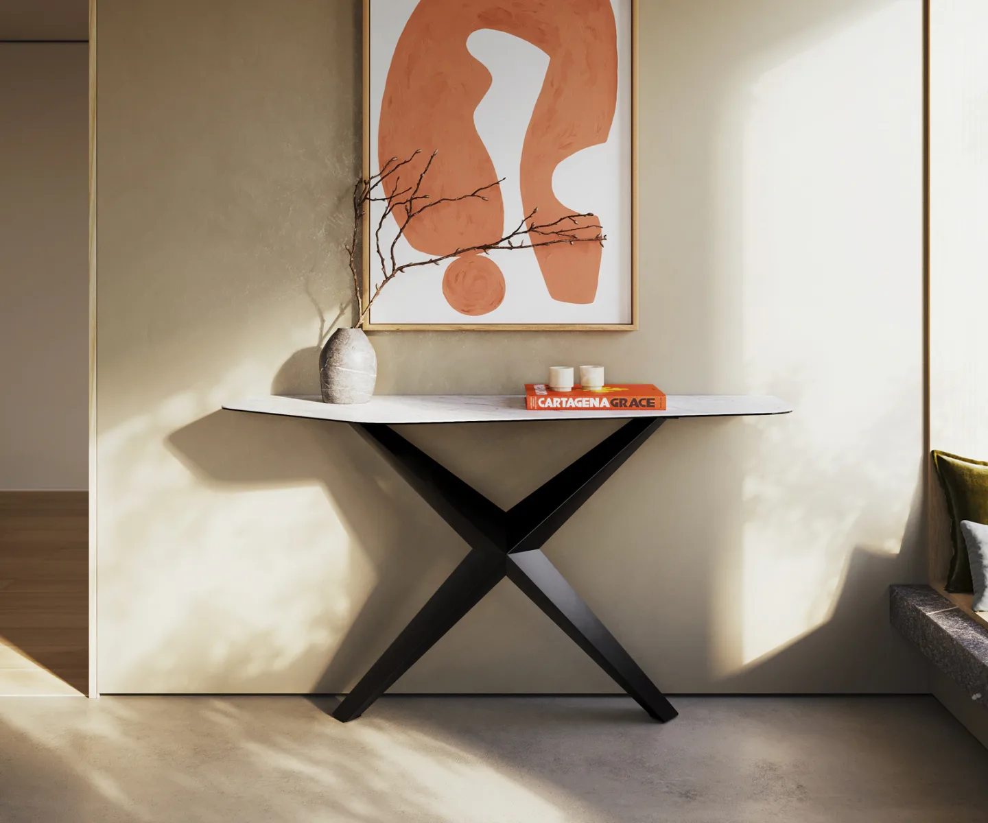 Konsolentisch Edge Polygonal 140x50 cm Keramik Laminam® Statuarietto Weiß Zentharo Metall Schwarz