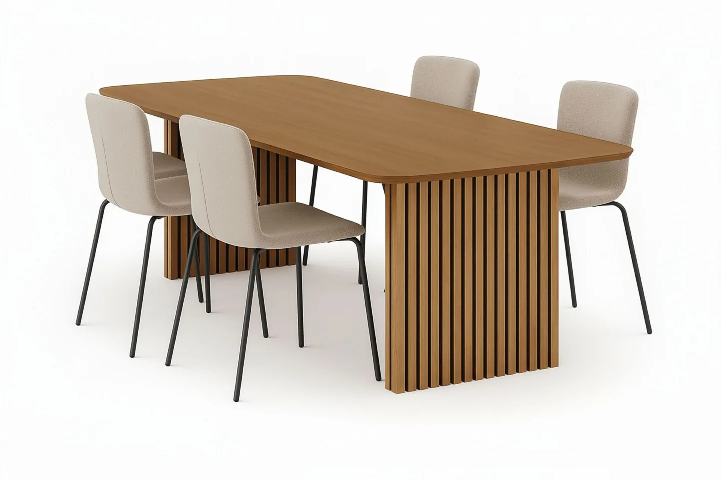 Richeto Matbord 240 cm med 4 Katy Matstolar - Naturlig finish / Greige Bouclé / Metallben Svart