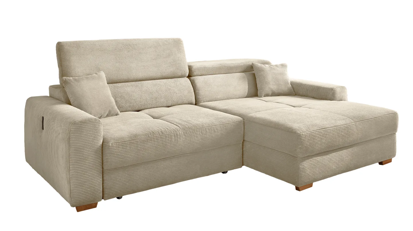 Ecksofa Cord elektrisch ausfahrbar grau-beige 277 cm - SLIDER