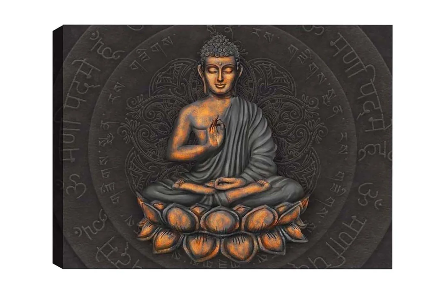 Canvastavla - Buddha i meditationsställning på en lotusblomma - Grå / Orange / Svart