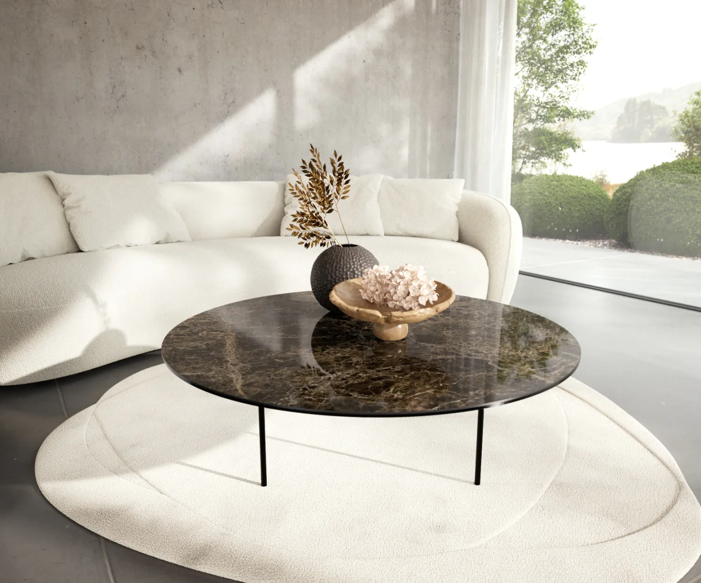Couchtisch Edge Rund 100x100 cm Keramik Emperador Extra Lucidato Dunkelbraun Trive Metall Schwarz