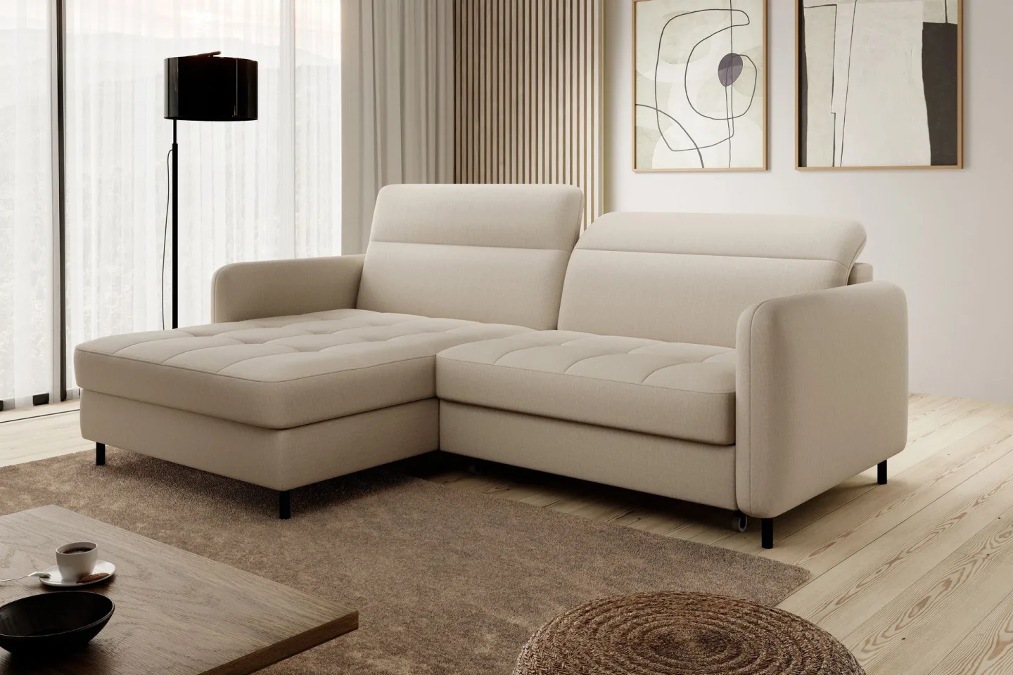 Manoti 3-sits Bäddsoffa m. Divan med Förvaring - Ljusbeige