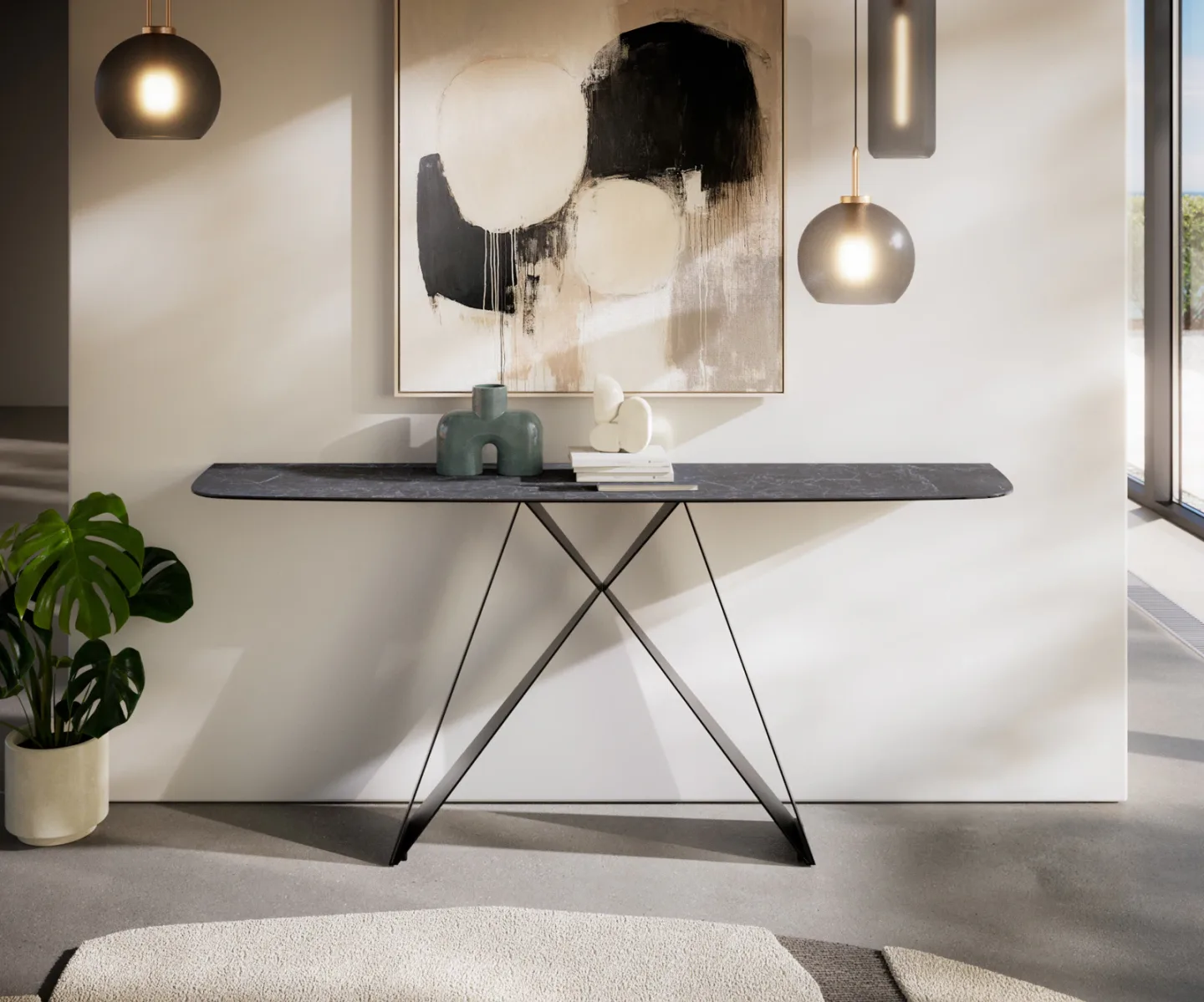 Konsolentisch Edge Boot 180x40 cm Keramik Laminam® Nero Greco Anthrazit Velio Metall Schwarz