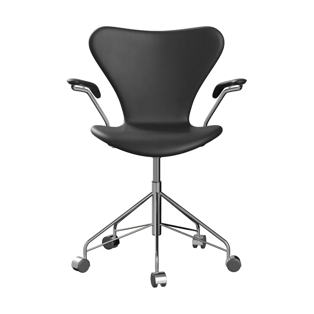 Fritz Hansen Sjuan 3217 helklädd kontorsstol mjuka hjul Essential black leather-chrome
