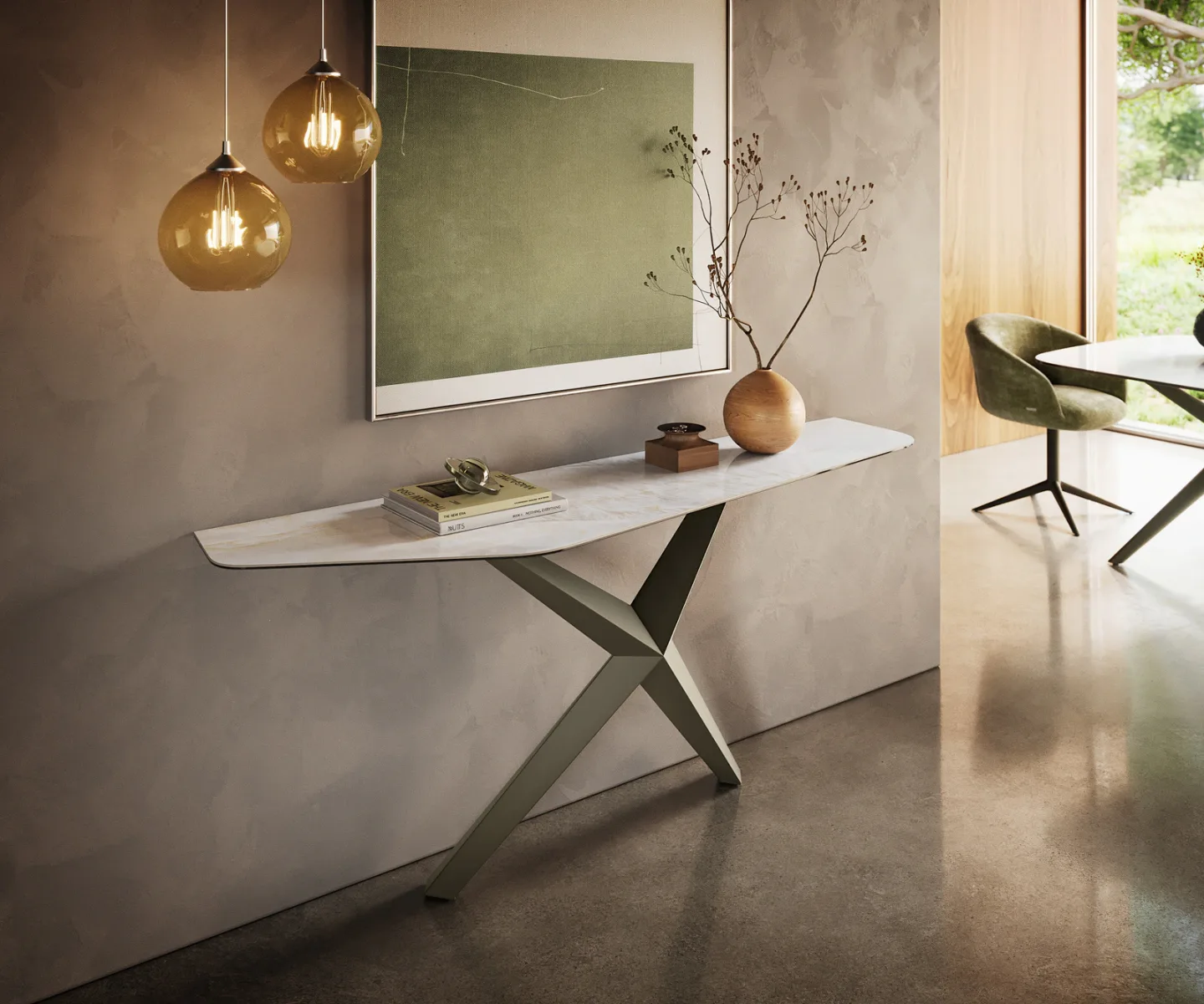 Konsolentisch Edge Polygonal 180x50 cm Keramik Onyx Pearl Zentharo Metall Effektfinish Titan