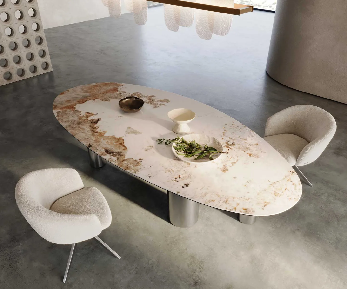 Esstisch Edge Oval 280x130 Keramik Minas Melange Weiß-Beige Pilier Edelstahl
