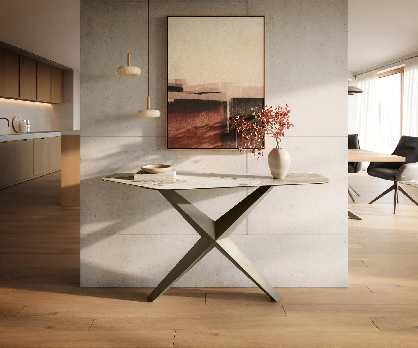Konsolentisch Edge Polygonal 140x50 cm Keramik Minas Melange Weiß-Beige Zentharo Metall Effektfinish Titan