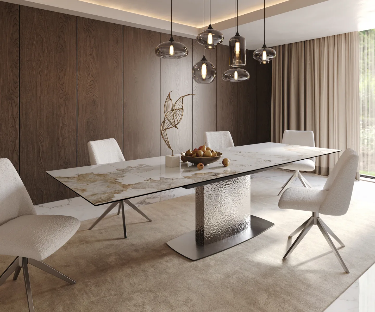 Esstisch Edge 200-300x100 Keramik Minas Melange Weiß-Beige Wave Edelstahl ausziehbar